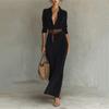 Women's Long Sleeve Lapel Button Suede Wrap Long Dress Warm Casual Belted Dress