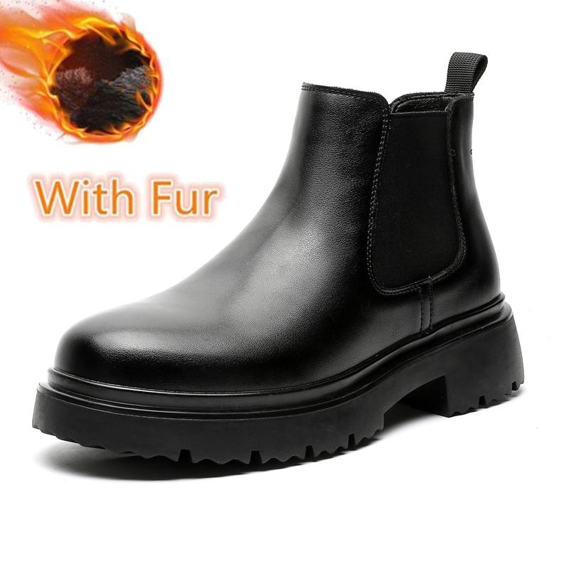 Ботинки челси из натуральной кожи, классические мужские ботинки в стиле ретро с острым носком, теплые зимние ботинки с плюшевым мехом, зимние ботинки на платформе без застежек