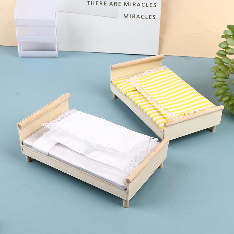 1:12 кукольных домиков Мини Мебель Спальня Микро Сцена Модель Деревянная Ткань Двуспальная Кровать