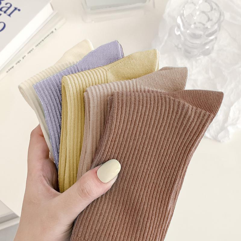 Женские носки до середины икры из чистого хлопка двойной вязки - Однотонные, не скатываются, универсальные для весны и осени.