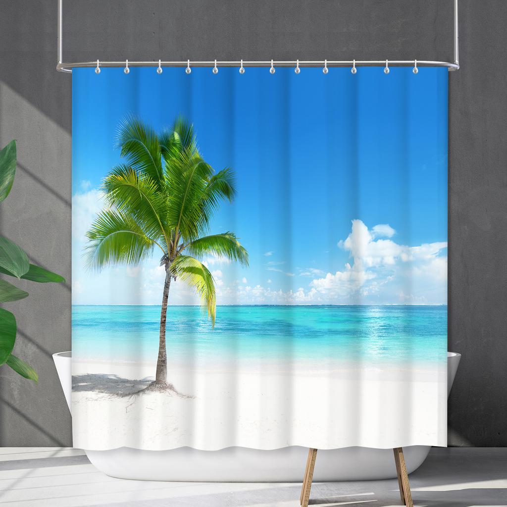 Shower Curtain Waterproof And Mildew-Proof Coconut Tree Beach Beach Bathroom Shower Curtain Shower Curtain Partition Curtain Free Punching