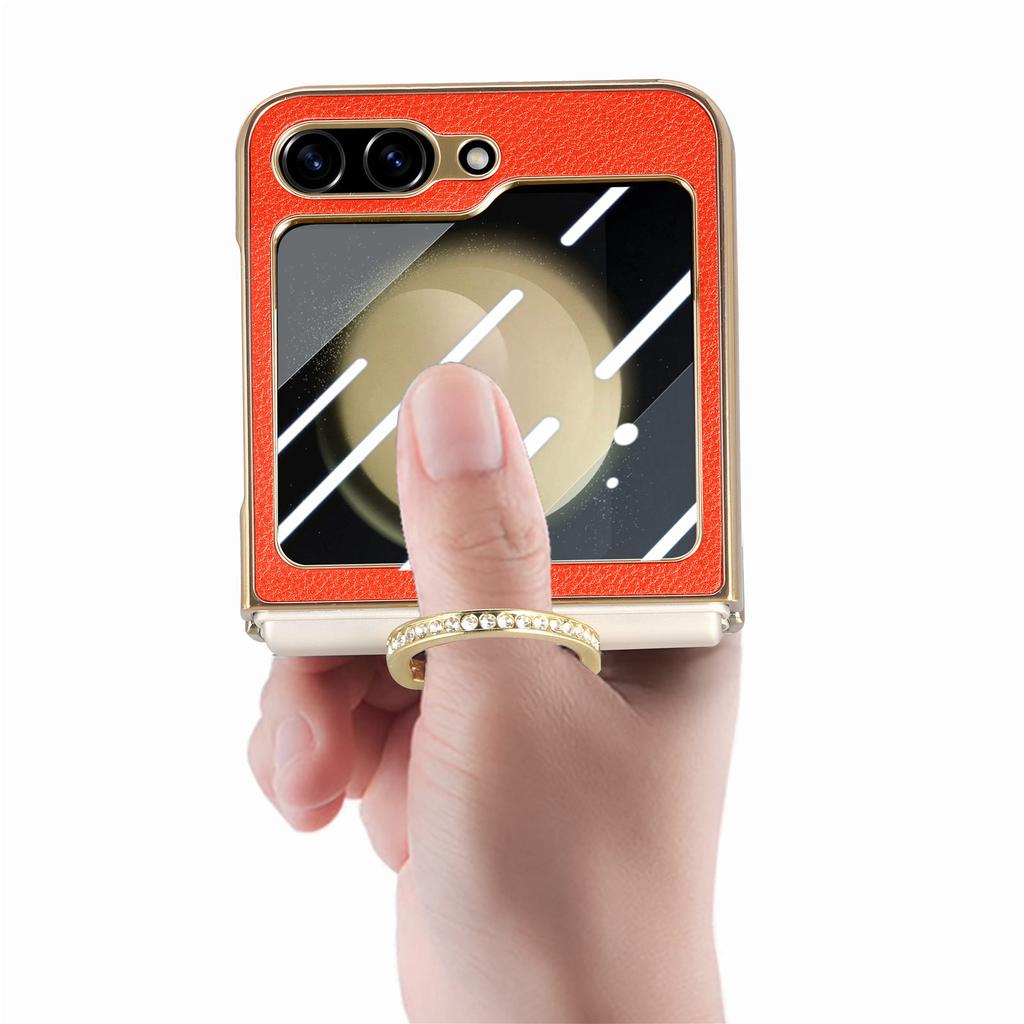 Блестящий держатель-кольцо для пальца Кожаный чехол для Samsung Galaxy Z Flip 5 Flip5 Flip4 Flip 4 5G Zflip5 Защитная пленка из закаленного стекла
