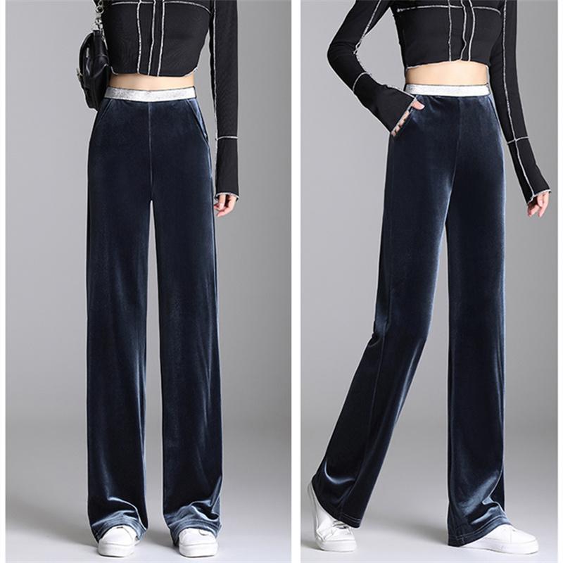 2022 Winter Female Elastic Fashion Harajuku High-waist Straight Bottoms Pantalones Women Solid Velvet Long Pant Wide Leg Trouser