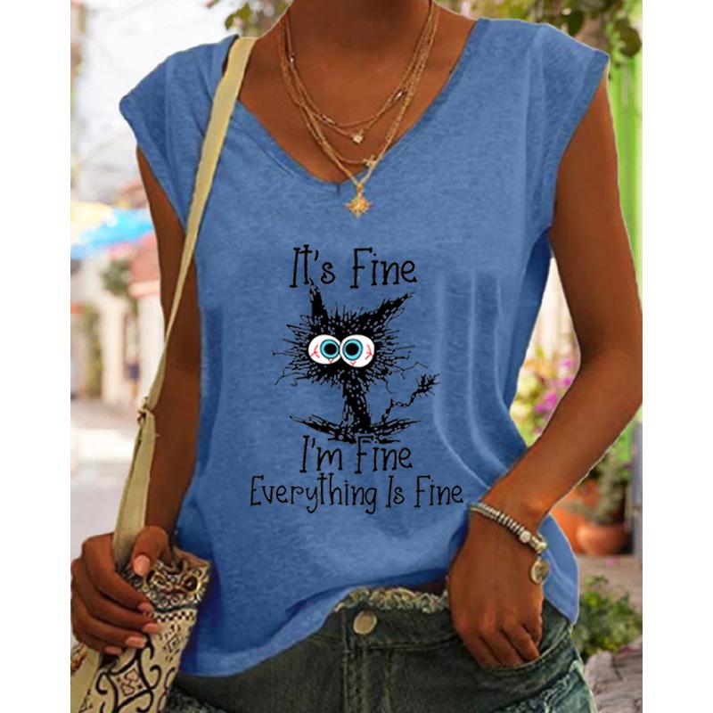 Свободный жилет с V-образным вырезом и рукавами-крылышками 2024 года с принтом черного кота