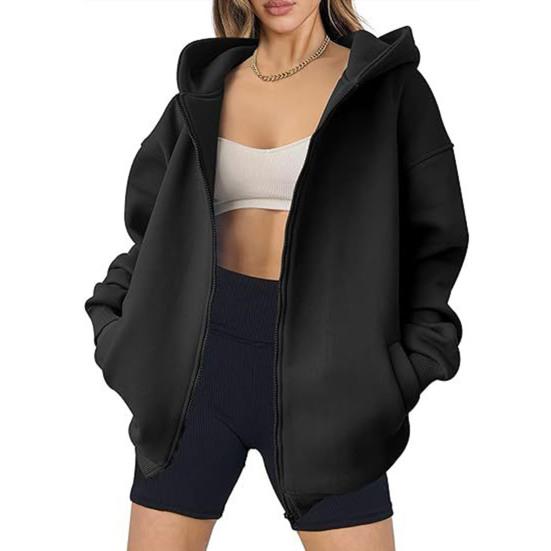 Осень-зима Женское пальто с капюшоном на молнии Однотонный толстый кардиган с карманами Свободный кардиган средней длины для активного отдыха Путешествия Шоппинг Спортивная толстовка с капюшоном