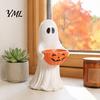 Kid Friendly Halloween Ornaments Resin Ghost Statue with Pumpkin Candy Bowl, Cute Figurine, Trick Multi Functional Storage Figure or Treat Holder for