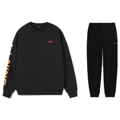 Свободный свитер с круглым вырезом и принтом логотипа Li Ning, теплые флисовые спортивные штаны с длинными рукавами и манжетами, комплект с капюшоном для мужчин, черный AWDSD23-3+AKLSC99-1