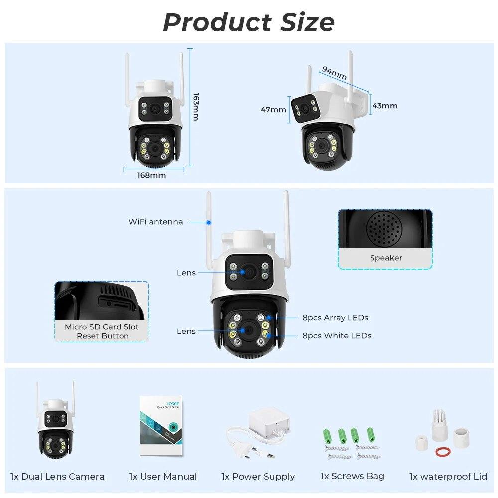 LS VISION 8-мегапиксельная PTZ-камера, 2,4 ГГц, Wi-Fi, двойной объектив, двойной экран, искусственный интеллект, обнаружение человека, автоматическое отслеживание, беспроводная уличная камера наблюдения iCSee