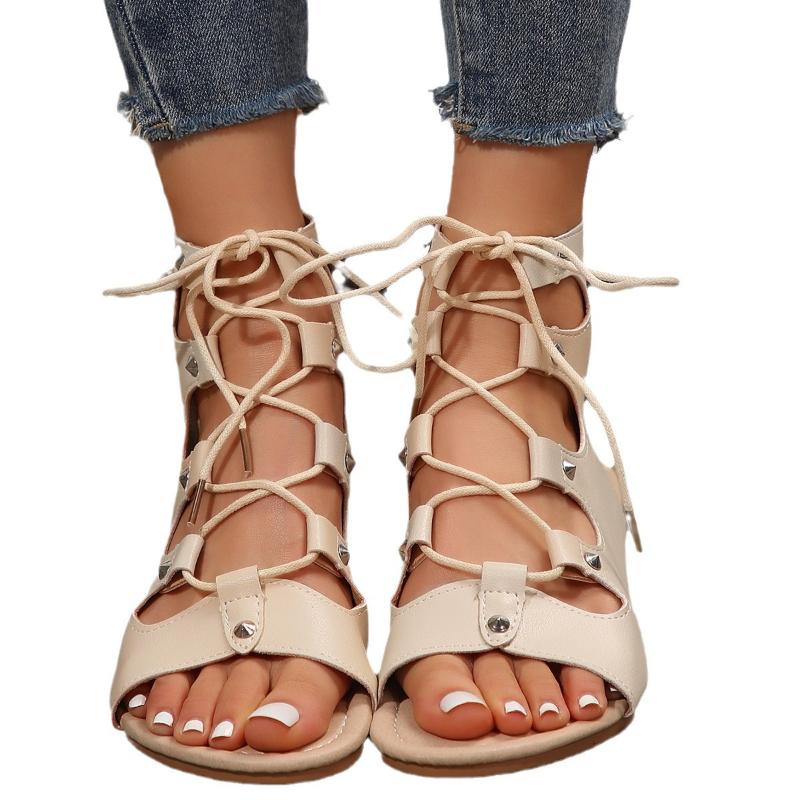 Мода 2024 года, лето, новые туфли с полым рыбьим ртом, женские туфли на плоской подошве, римские сандалии, большие размеры, туфли с перекрестными ремешками, женские повседневные сандалии