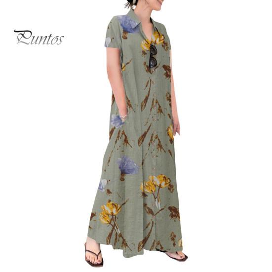 Женское летнее платье трапециевидной формы с лацканами, свободная рубашка с цветочным принтом, с короткими рукавами на пуговицах и боковыми карманами, длинное платье до щиколотки