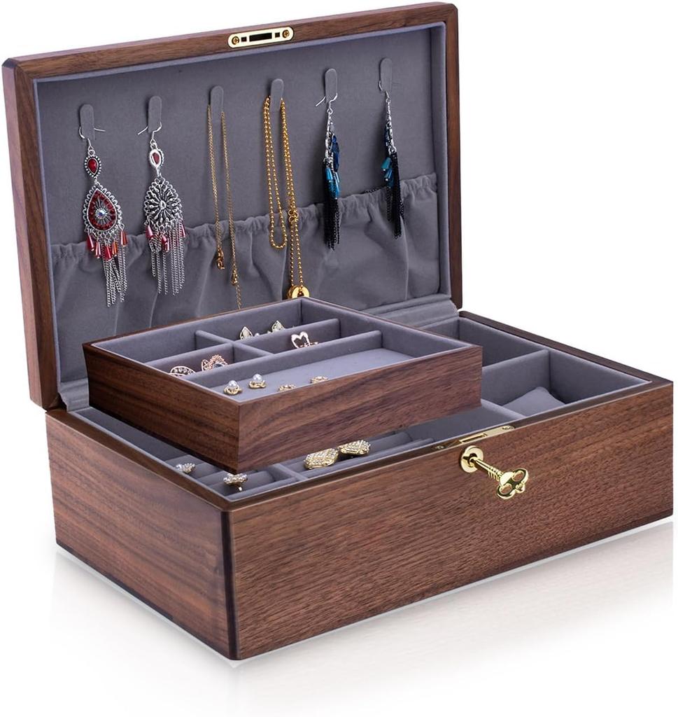 IRIVER BLANK Exquisite Black Walnut Wood Jewelry Box Organizer Noble and Elegant Storage Solution for Wedding Proposal & & Holder – Women, Girls,