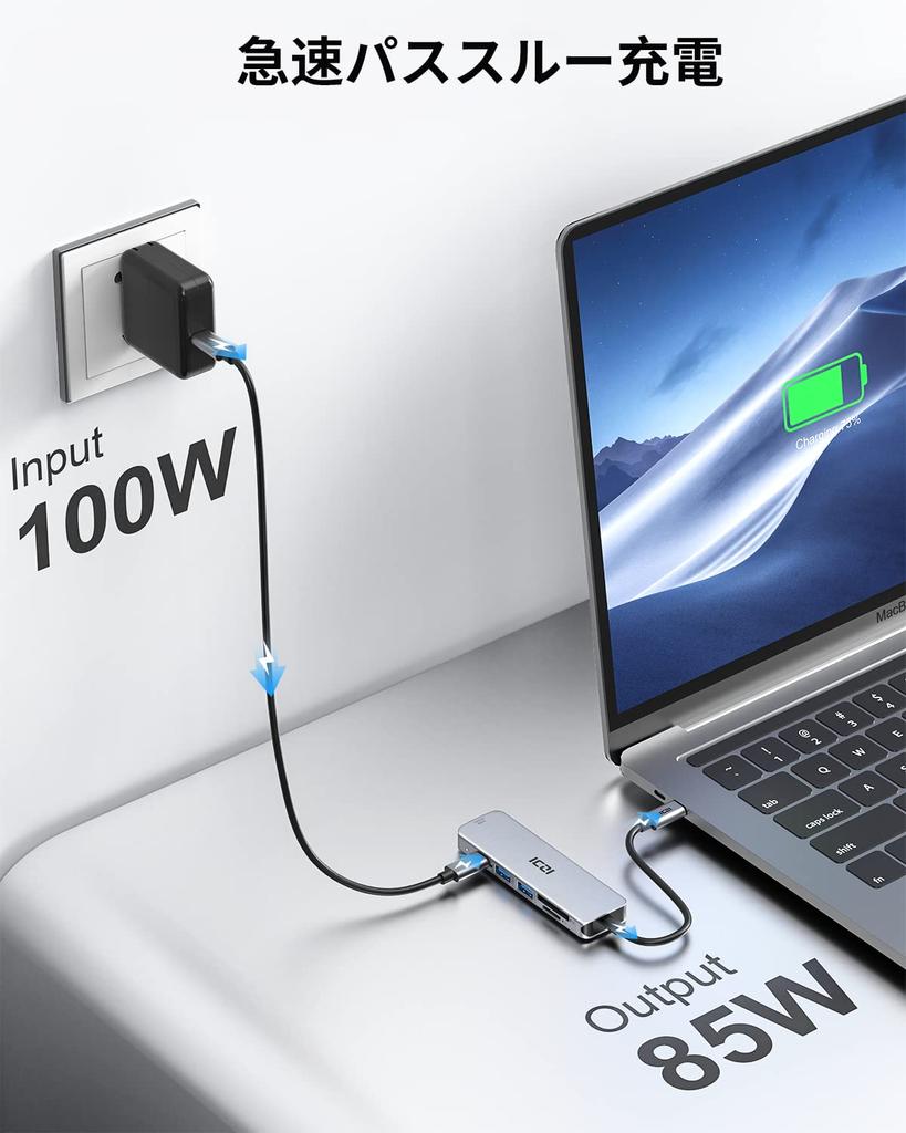 ICZI USB C 100 Вт PD 5 Гбит/с Micro SD SD-карта 5 Гбит/с USB x HDMI Совместим с MacBook MacBook iPad Surface и другими концентраторами, 4K@60 Гц, 6-в-1 Type-C адаптер,