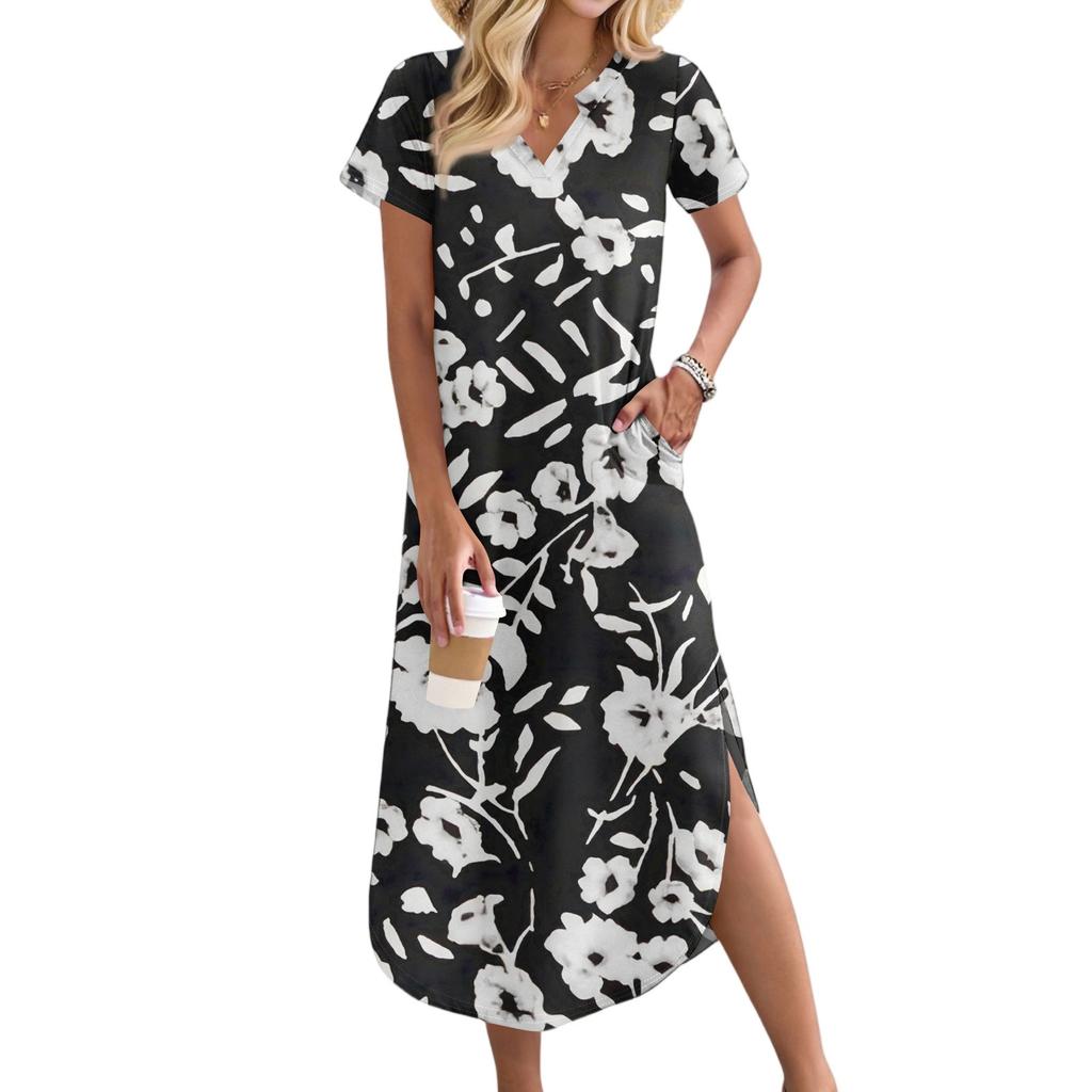 Women's Casual Comfortable V Neck Loose Hem Split Vacation Short Sleeve Floral Long Dresses