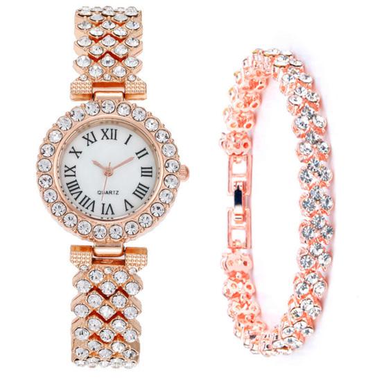 2Pcs/Set Women Watch Bracelet Kit Round Dial Shiny Rhinestones Inlaid Roman Numerals Pointer Display Accurate Decorative Gift