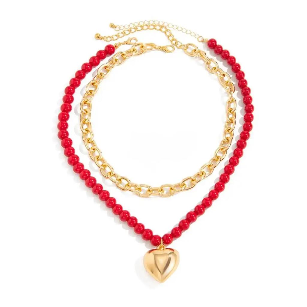 Новая мода 2 шт./комплект Панк Металлическое Сердце-кулон Ожерелье Женское Трендовая Красная Акриловая Бусина Цепочка на Ключицы Повседневные Украшения Подарки