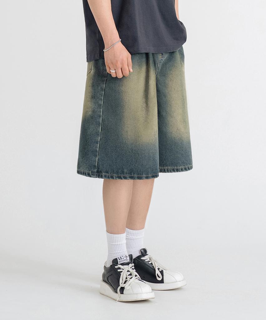 LEMAIN SECOND Bermuda Wide One-Pleat Denim Elastic Shorts [Sand Blue]