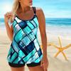 Women's Shoulder Strap Swimsuit with Checkered Printed Bikini Short Tank Top Swimsuit
