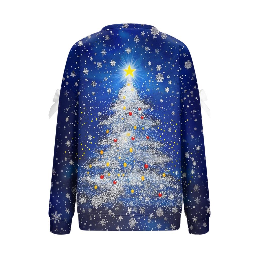 Женский рождественский пуловер с принтом и бантом, с круглым вырезом, длинными рукавами, свободного кроя