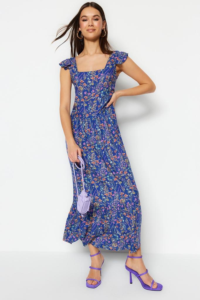 Женское платье, новый сезон, модное синее тканое платье трапециевидной формы с квадратным воротником и цветочным узором из вискозы миди