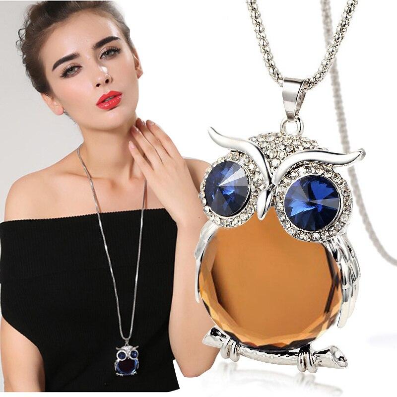 Винтажное длинное ожерелье с кулоном в виде совы для женщин, 2021 модное ожерелье-свитер с кристаллами, цепочка-цепочка Collier Femme, серебряные ювелирные аксессуары