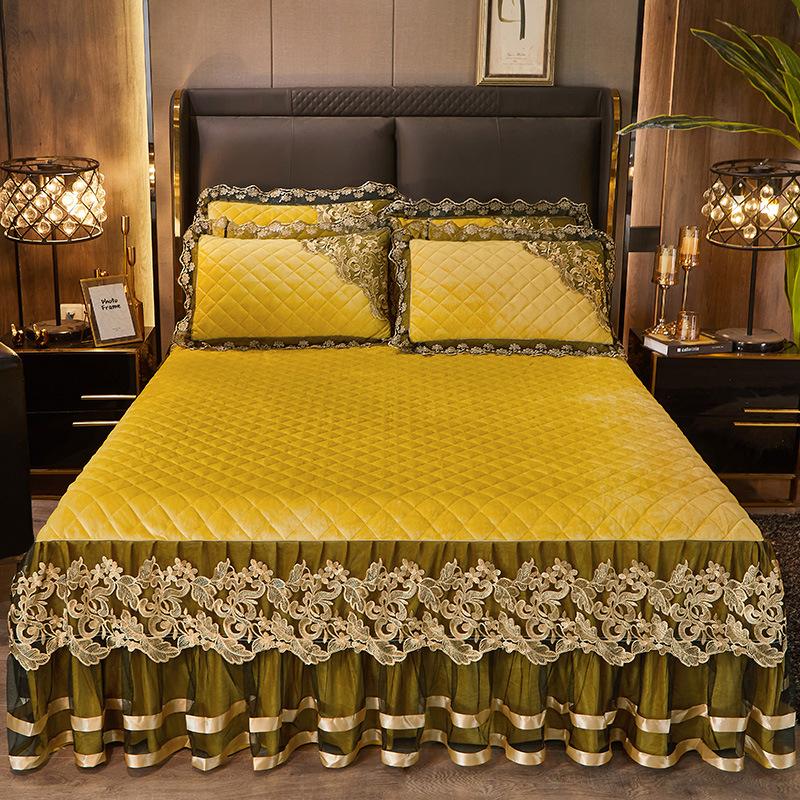 Осенне-зимняя хрустальная бархатная кружевная юбка-кровать, цельный утолщенный теплый европейский стеганый коралловый бархатный покрывало, комплект из четырех предметов