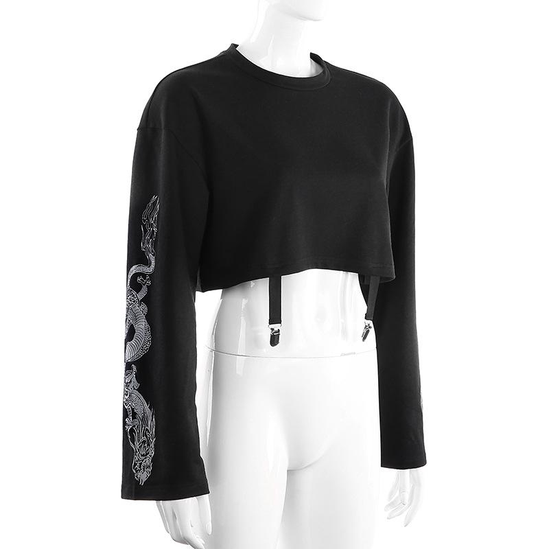 Women Dragon Print Hoodies Fashion Casual Female Loose Short Top Pullover Sweatshirts Streetwear New Autumn Outfit