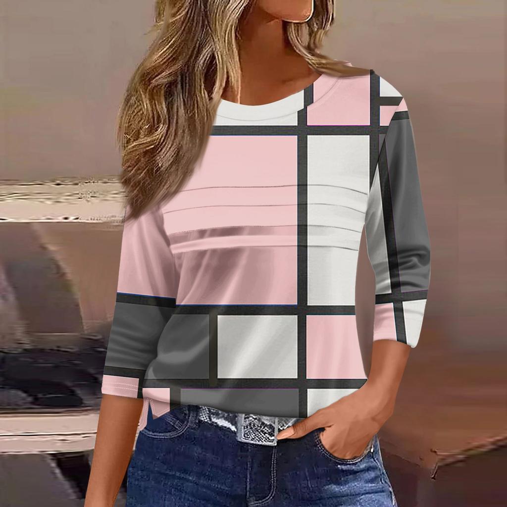 Женская мода повседневный свободный топ с рукавом 3/4 в полоску с круглым вырезом