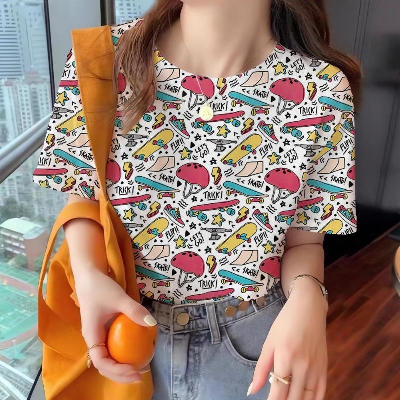 Summer Women's T Shirt Colorful Abstract O-Neck Casual Short Sleeve Tees Female Overszied Clothing Fashion Pullover