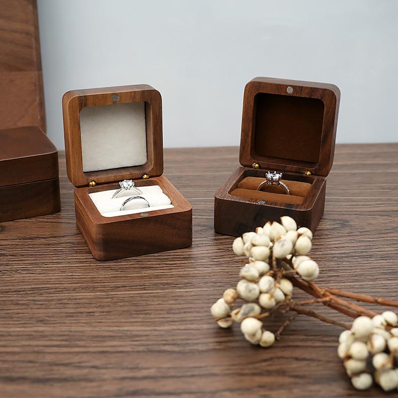 Square Wooden Ring Box for Couple - Walnut Engagement Ring Case, Wedding Jewelry Gift Box Organizer