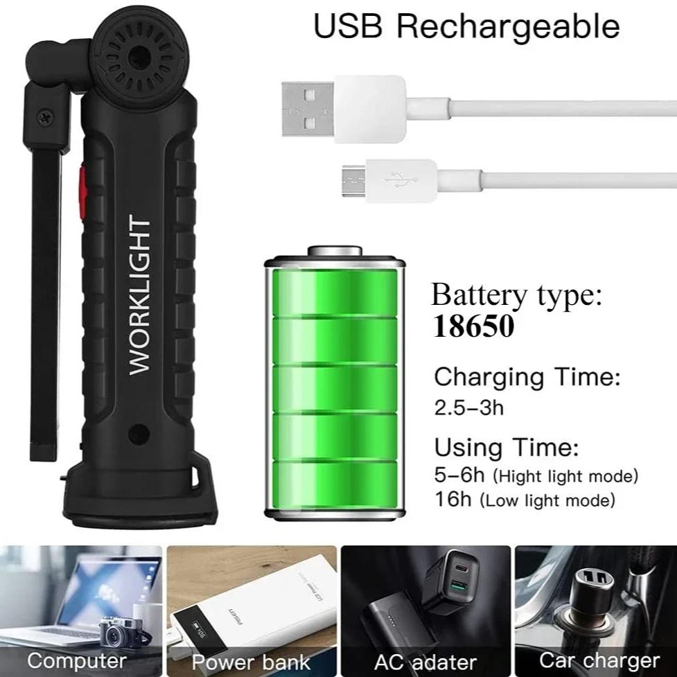 Портативный светодиодный фонарик COB, перезаряжаемый через USB рабочий фонарь, магнитный подвесной светильник Lanterna со встроенной батареей, фонарик для кемпинга