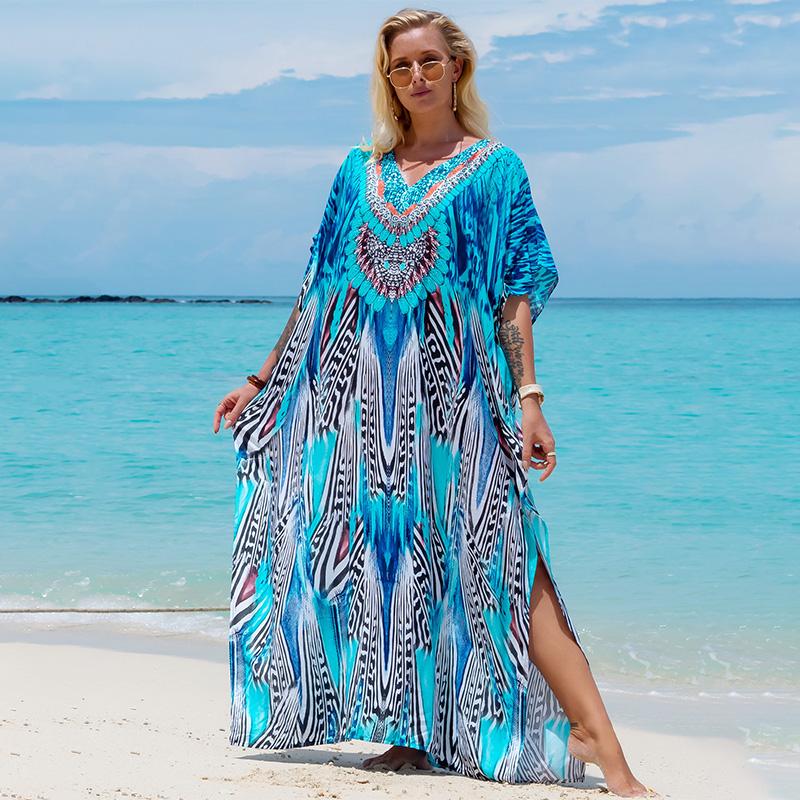 EDOLYNSA Турецкий халат с принтом и рукавами «летучая мышь», летняя туника, купальник больших размеров, накидка для женских купальников, синие платья-кафтаны Q1415