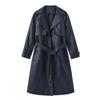 Women’s Coats Faux Leather Lapel Windbreaker PU Loose Three Row Button Trench Coat Classic Overcoat with Belt Autumn Winter Outer Wear