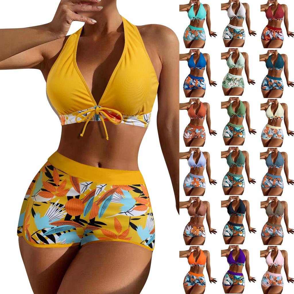 Women's Paneled Printed Swimsuit Ladies Split Boxer High Waist Swimsuit Two-Piece Set