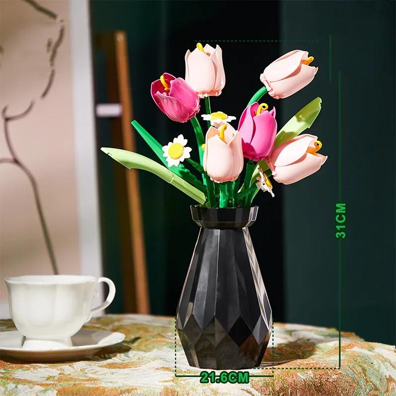 Rose Tulips Flower Model Building Blocks Set 3D Bouquet Bricks DIY Kids Toys Home Decoration Adult For Girls Holiday Day Gifts