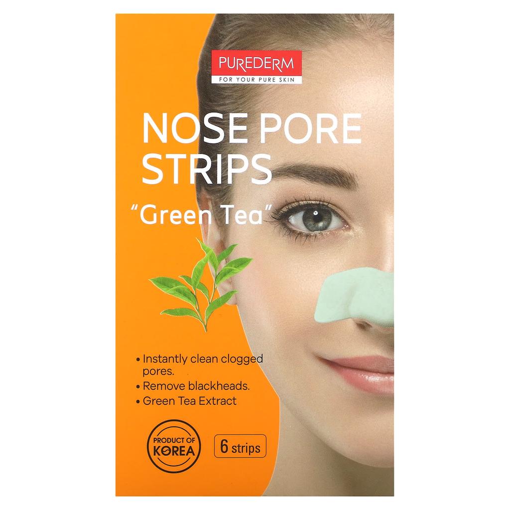 Purederm, полоски для очищения пор носа, зеленый чай, 6 полосок