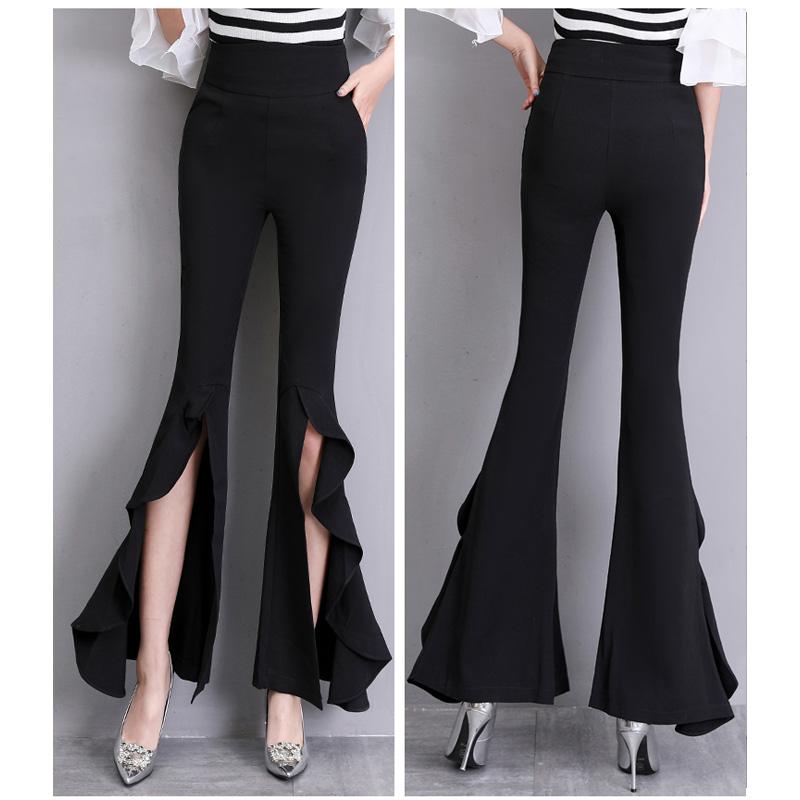Harajuku Summer High Waist Women's Chiffon Split Up Capris Pants for Women Skinny Ruffles Flare Pants Woman Trousers Red Black