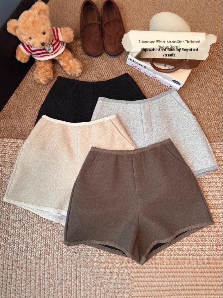 Women's Thickened Woolen High-Waisted Wide-Leg A-Line Shorts - Autumn/Winter 2025