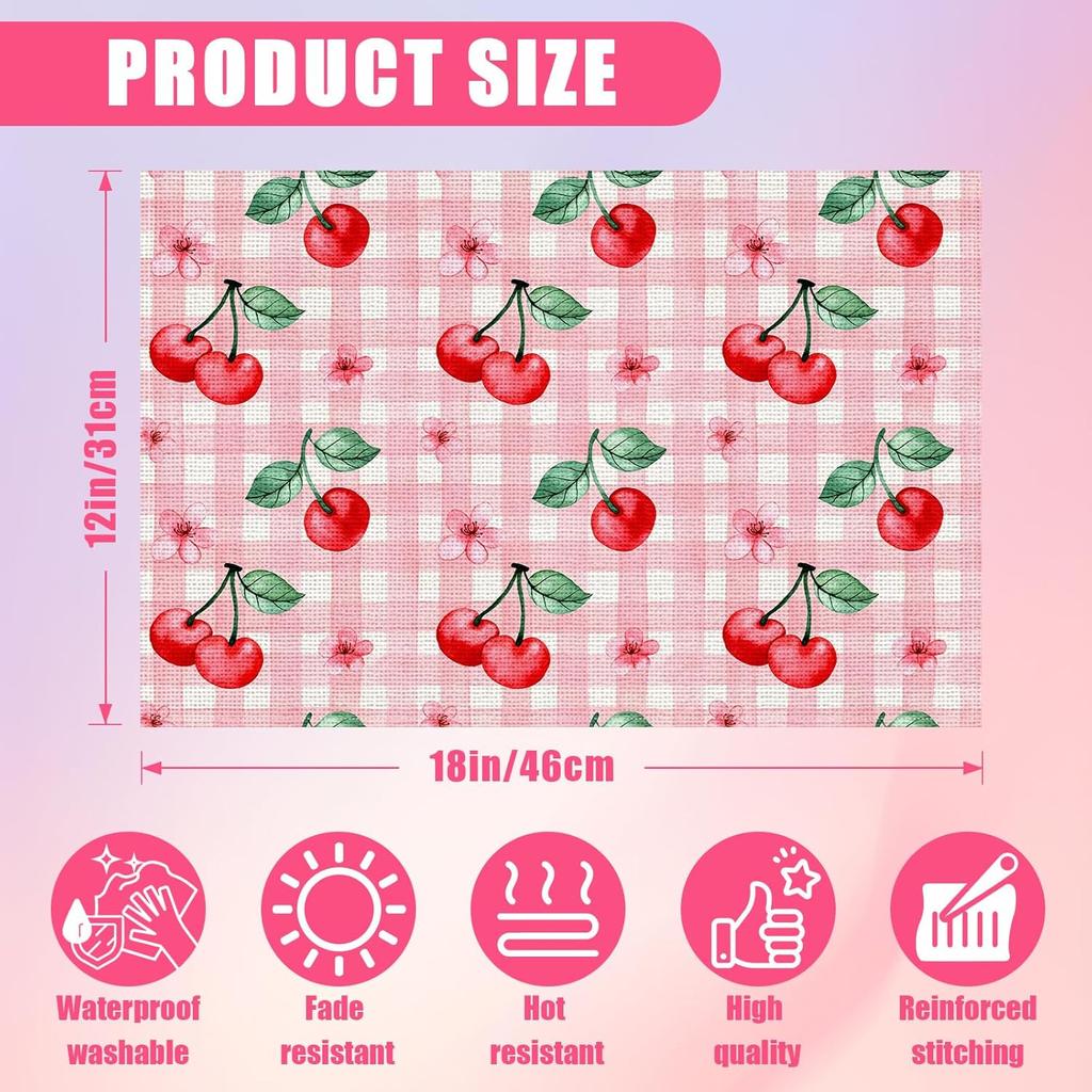 Pink Cherry Spring Flower Placemats Set of 6,12x18 Inch Linen Place Mat Washable Stain Resistant Table Mats