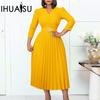 Solid Color Print Spring Autumn Women's Autumn Long Sleeve V-neck Fashion Temperament Elegant Pleated Skirt High Waist Dress