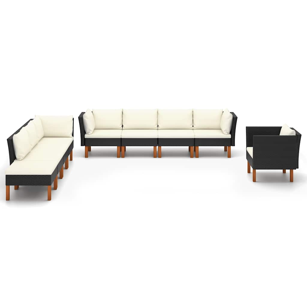 9 Piece Garden Lounge Set Poly Rattan & Eucalyptus Wood Black