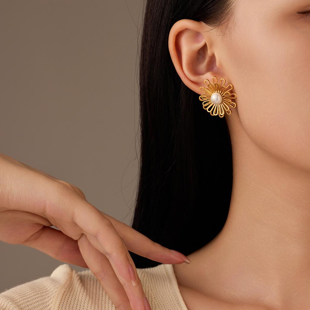 GEMCHIC Women's Floral Stud Earrings Gold Plated Stainless Steel Flower Design with Pearl and Crystal Center
