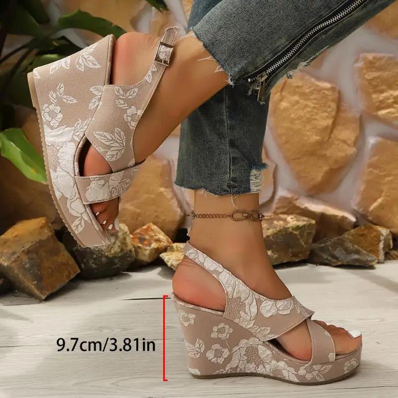 Fashion Nude Rose Print Chunky Platform Wedge Super High Heel Sandals Women Summer Cross Strap Back Strap Sandals Fashion Beach Shoes