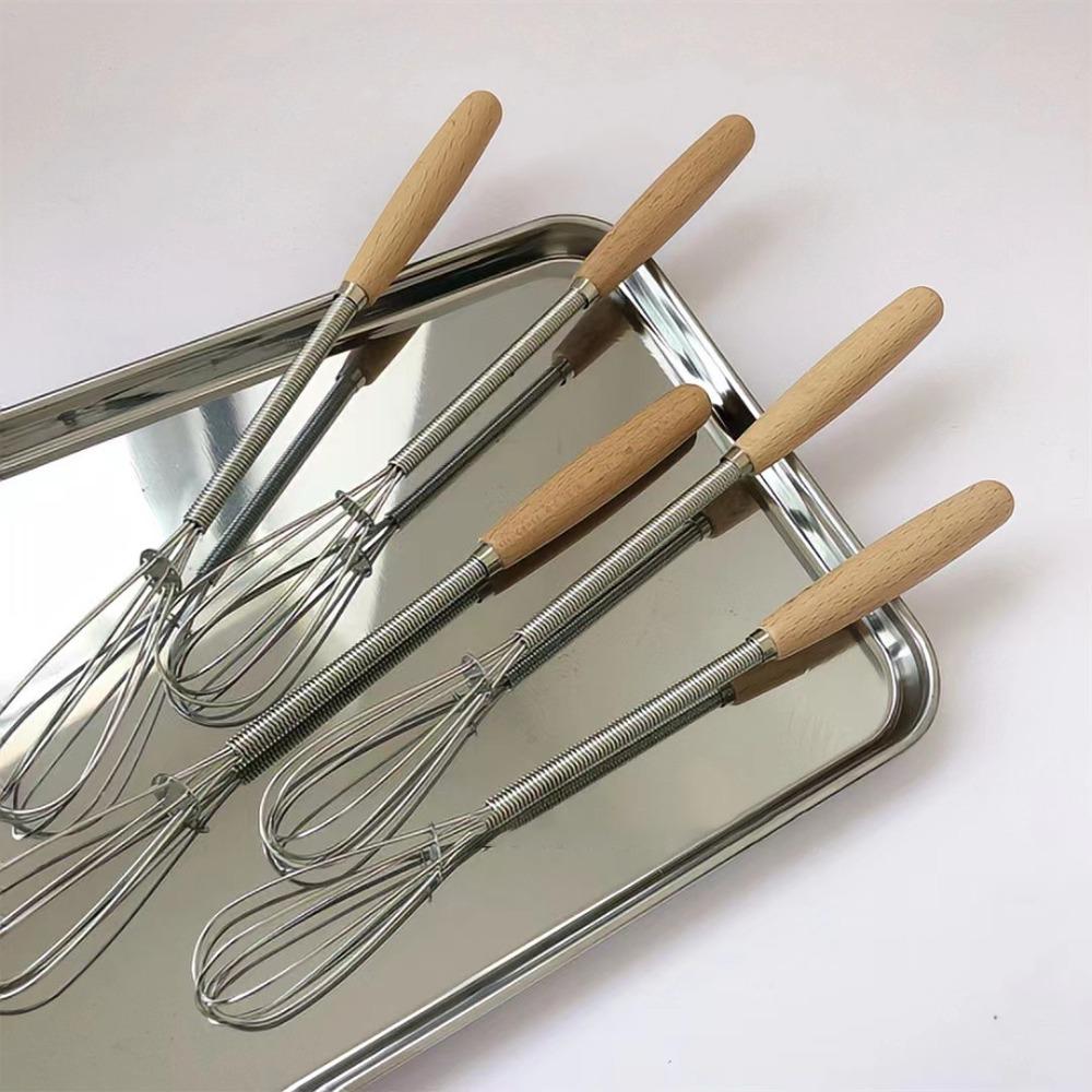 Useful Mini Egg Whisk Wooden Handle Manual Egg Beater Stainless Steel Egg Beater Cooking