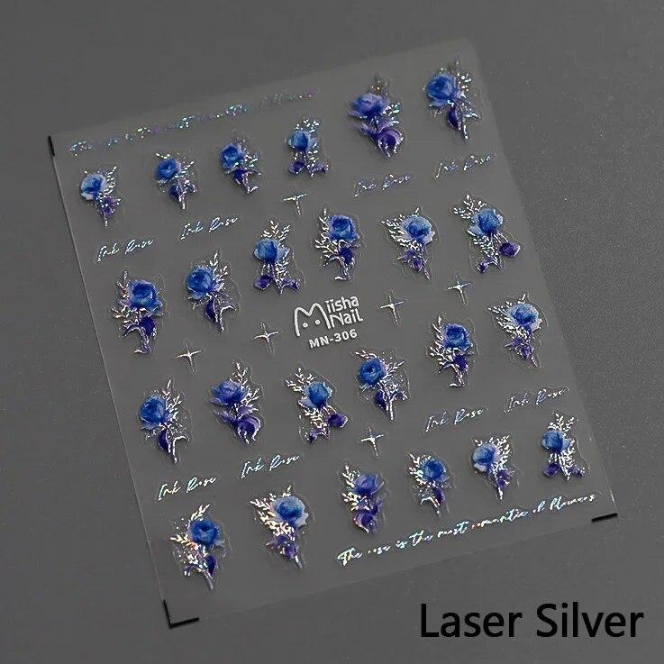 Золото, серебро, розовый, синий, розовые цветы, 3D самоклеящиеся украшения для ногтей, наклейки, модные наклейки для маникюра «сделай сам»,