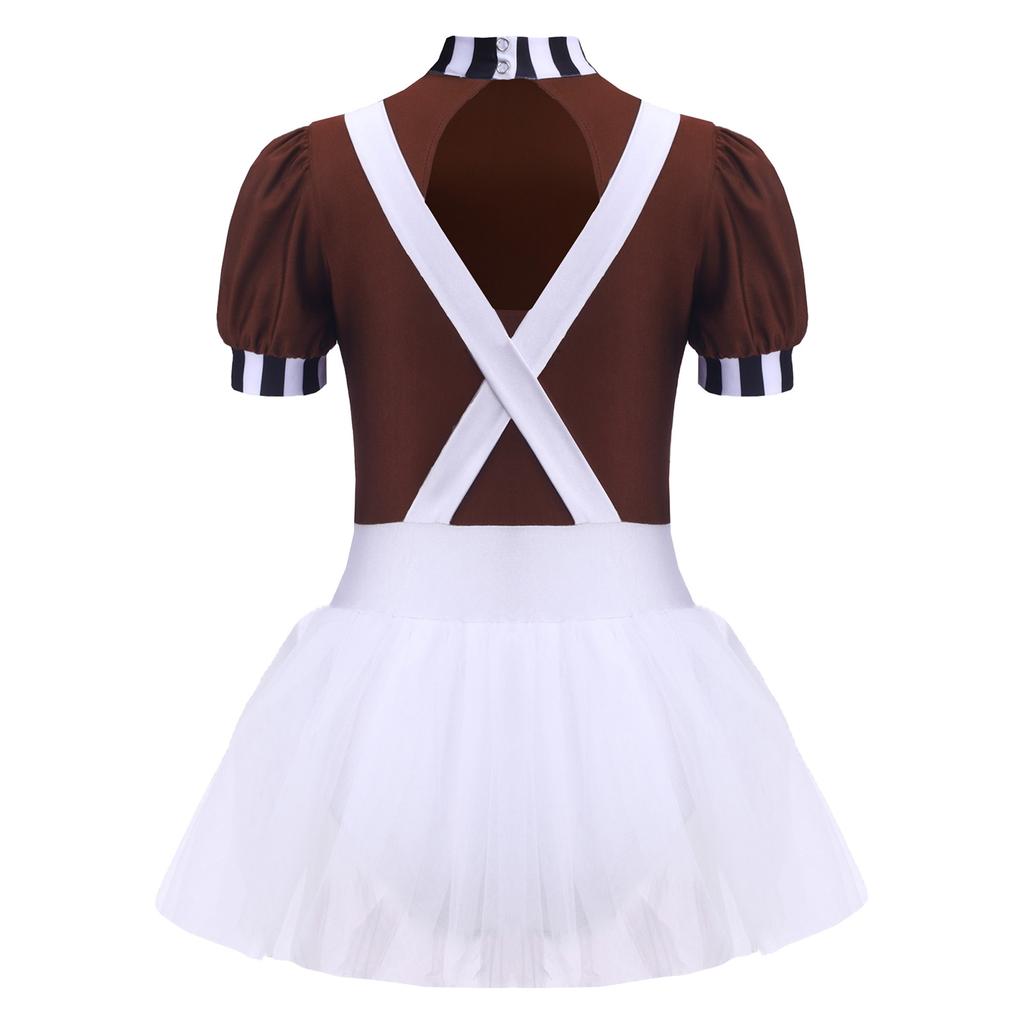 Kids Girls Chocolate Factory Worker Halloween Costume Mock Neck Short Stripe-Cuffed Sleeves Back Cut Puffy Built-In Crotch Press Buttons Dress Braces