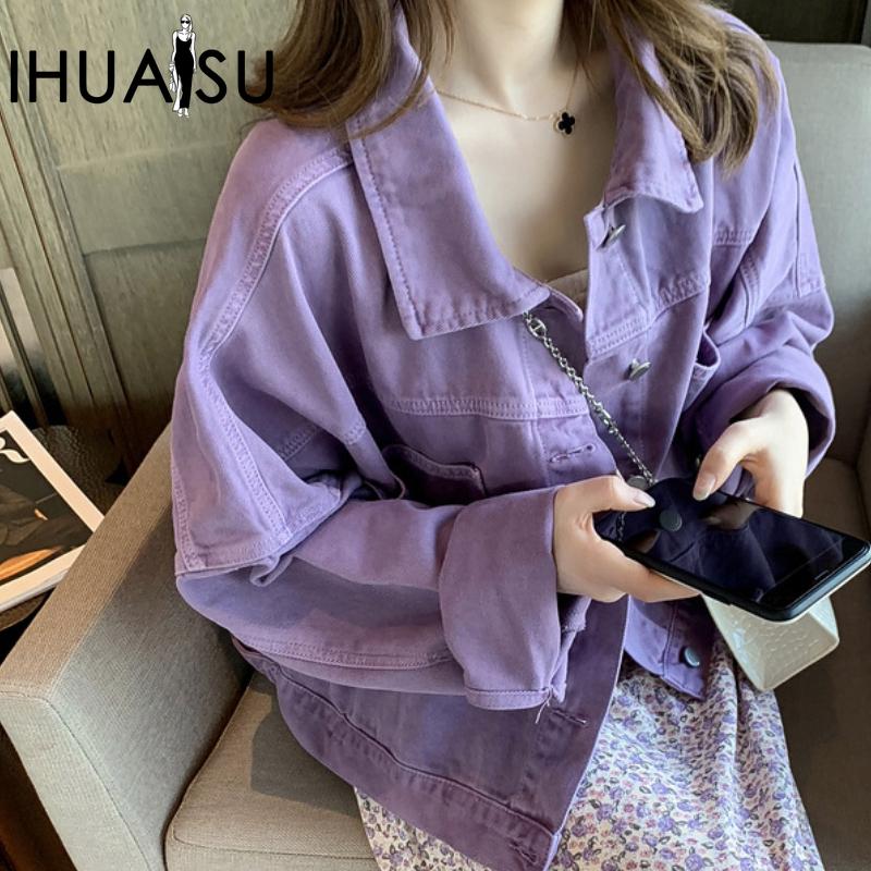 IHUASU Женская свободная тонкая фиолетовая джинсовая короткая куртка осень и зима повседневные топы