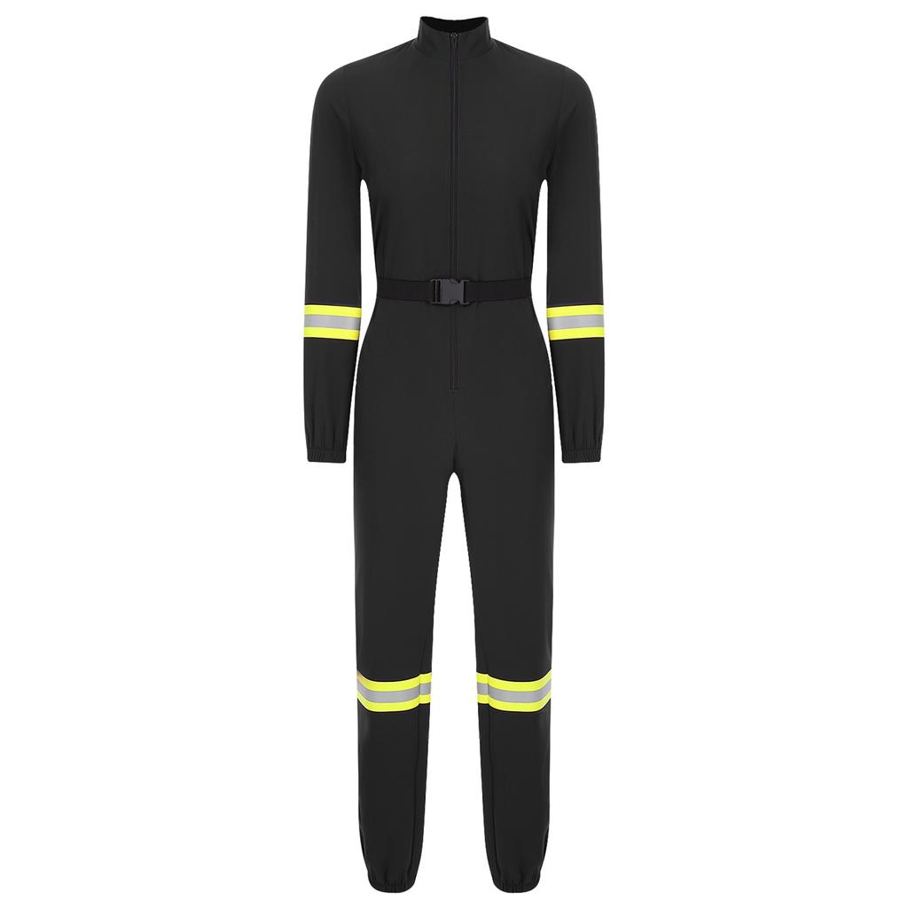 Complete Firefighter Outfit for Women S-3XL: Long Sleeve Belted Romper with Stand Collar, Halloween & Club Party Costume