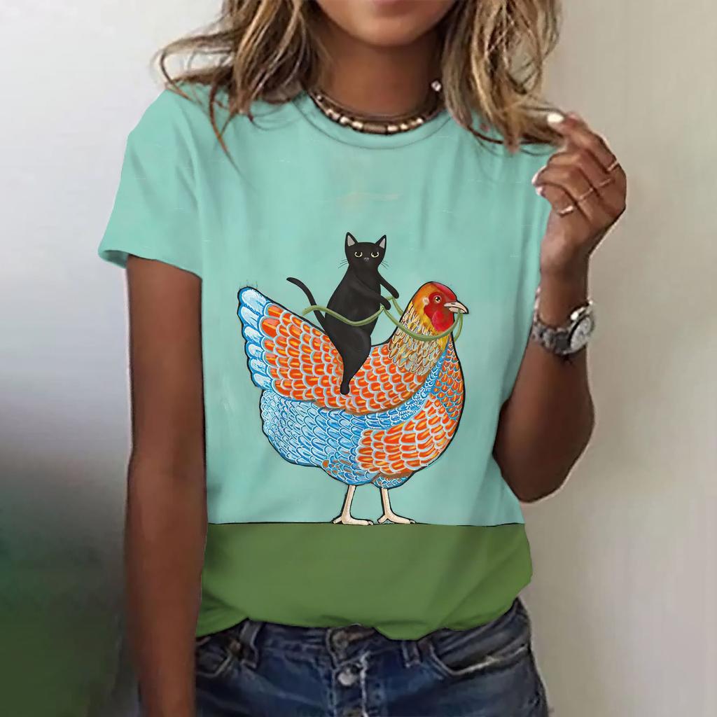 Женская модная футболка с круглым вырезом, летняя одежда, забавная повседневная футболка с коротким рукавом и принтом кота, модная свободная футболка, женская одежда