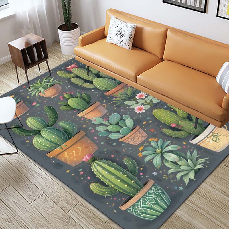 Non-slip rug featuring a 3D cactus and floral print; suitable for living rooms, bedrooms, kitchens, and bathrooms.