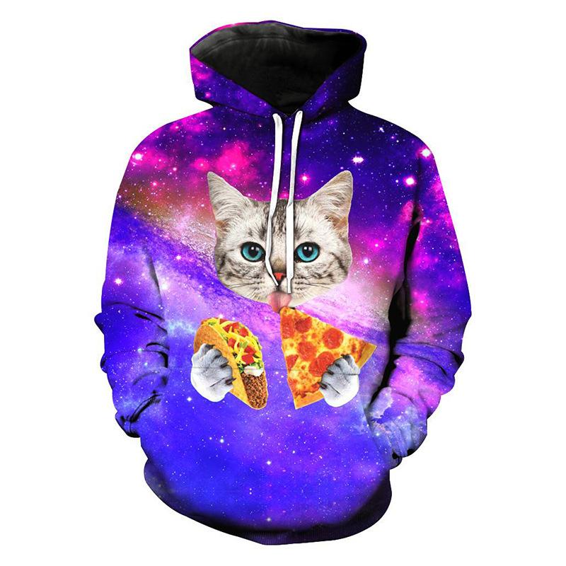 Autumn 3D Galaxy Cat Eating Pizza Printed Hoodies Fashionable Casual Sports Long Sleeved Men's Hooded Sweatshirts